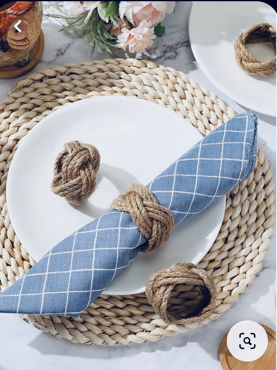 blue napkin with natural table settings